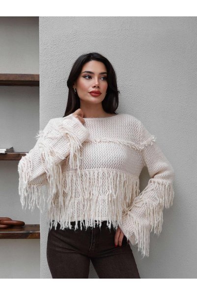 ESRAHELVACI Lockerer Strickpullover mit Fransen