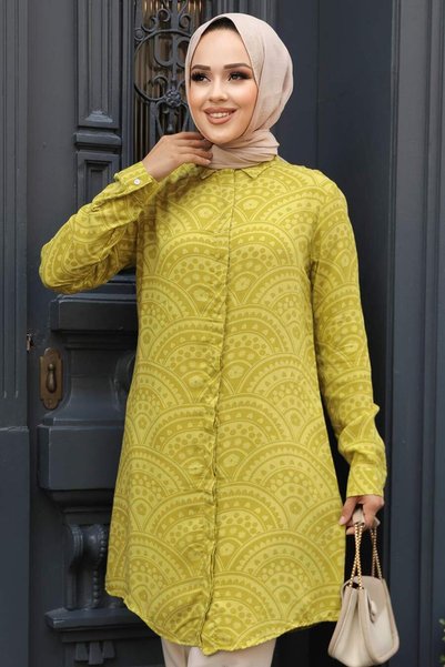 Neva Style Oil Green Patterned Viscose Hijab Tunic - 11703YY