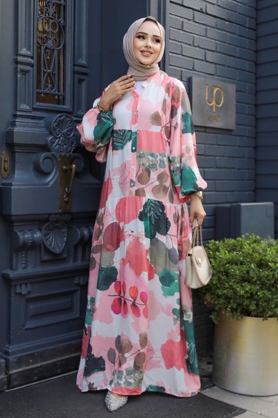 Neva Style Floral Patterned Pink Hijab Dress 18236P