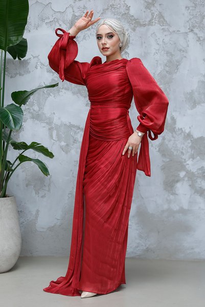 Neva Style Burgundy Hijab Evening Dress with Tail Detail 48491Br
