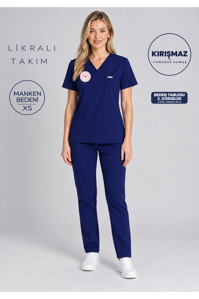 Simirna Üniforma Patriot Blue Yarasa Kol Logolu Likralı Takım Hemşire Forması...
