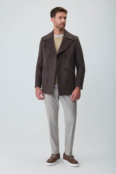 Morven Men's Brown Wool Double-Breasted Sailor Model Dynamic Fit Coat