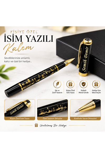 Cömert Hediyelik Eşya İsme Özel İstanbul Figürlü Gold Tekli Roller Kalem- Kutulu