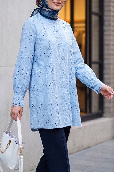 HİJABAYA Lace Collar and Sleeves, Top Buttons, Draped Pearls, Hijab-Lined Shi...