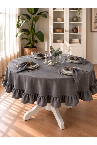 Decamor home Pearl Velvet Textured Ruffled Round Tablecloth Smoked Gray