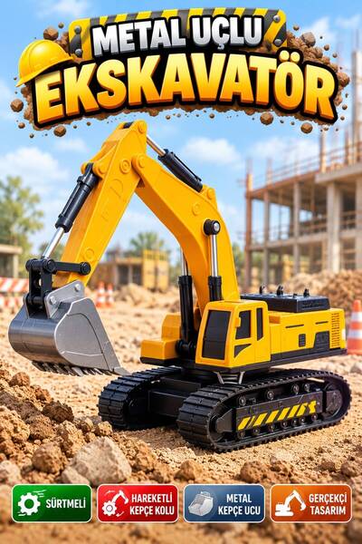 Tıfıl Toys Friction metal bucket toy excavator movable bucket arm 32 cm 1:25 ...