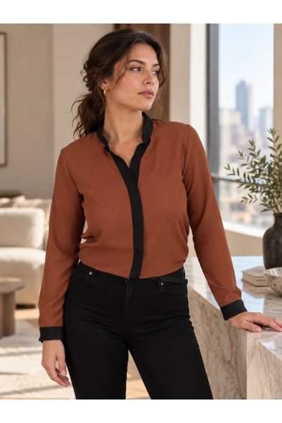 armonika Women's Brown Front Striped Shirt ARM-18K001255