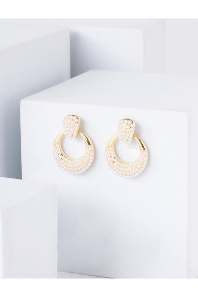 Jimmy Key Gold Color Pearl Detailed Dangle Hoop Earrings