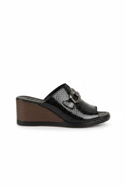 Gondol Women's Genuine Leather Wedge Heeled House Slippers Msa.519 Black Hone...
