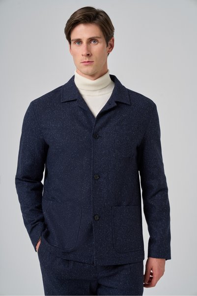 Morven Men's Navy Blue Wool Berber Collar Shirt with Pocket