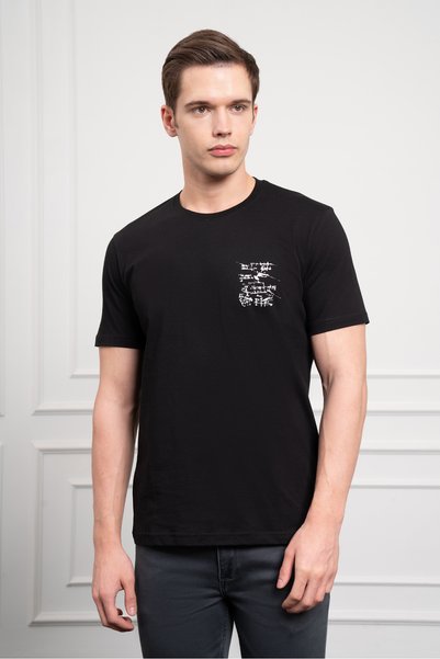 Morven Muški crni trend okrugla kragna Dynamic Fit Pamuk T-shirt