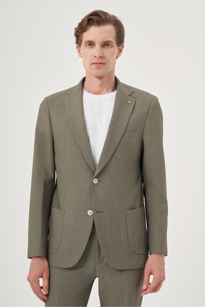 Morven Men's Green Polyviscon Trend Striped Slim Fit Mono Collar Suit