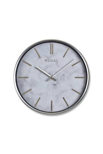 Regal Saat - Ince Gümüş Çerçeve Oniks Beyaz Mermer Desen Duvar Saati 0250 Sw2
