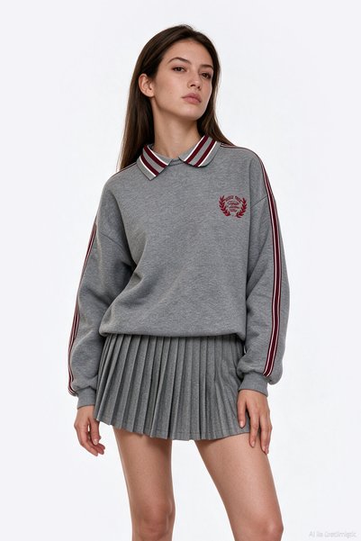 Quzu Polo Yaka Nakışlı Oversize Sweatshirt Grimelanj