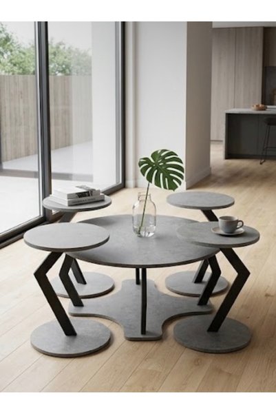 IN HOME STORE طاولة قهوة دائرية مع طاولات خدمة جانبية رمادي