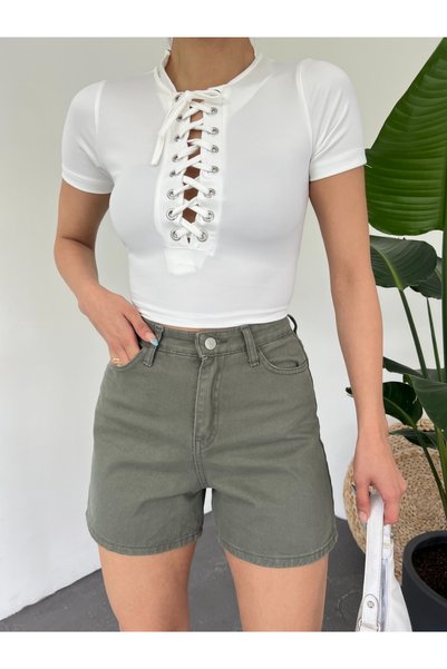Modamorfo Tricou crop cu detaliu ochi de pasăre și șireturi în față - alb