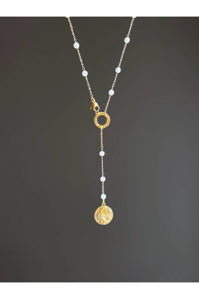 AŞIK ACCESSORIES Stainless Steel Plate Necklace with Pearls