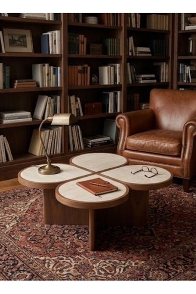 IN HOME STORE طاولة قهوة تصميم زهرة أربع قطع خشب بني وبيج