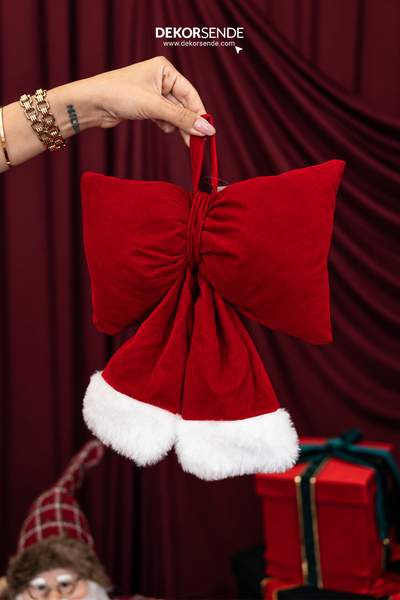 Dekorsende Christmas Ornament Velvet and White Plush Large Bow Red 34 cm