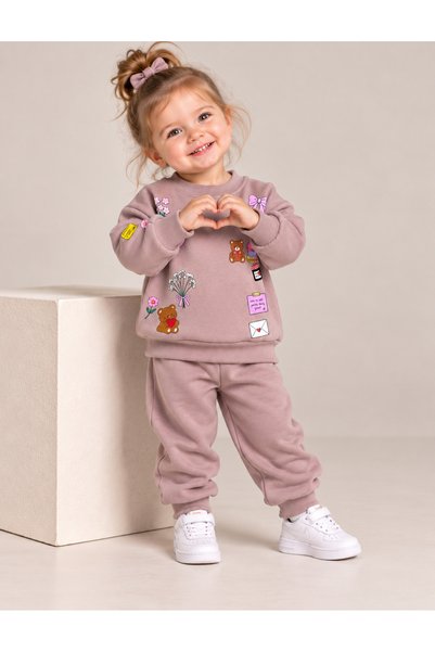 SEENJOB KİDS Simit Yaka Teddy Bear Printed Sweatshirt/Elastic Waist Sweatpant...