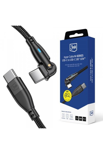 3MK Cablu Date si Incarcare USB-C - USB-C Hyper N Angled, 60W, 2m, Negru