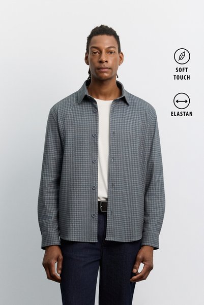 Avva Men's Blue Houndstooth Pattern Classic Collar Long Sleeve Comfort Fit Sh...