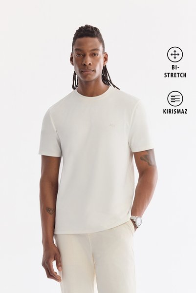 Avva Men's White Crew Neck Bi-Stretch Wrinkle-Free Printed Regular Fit T-Shir...