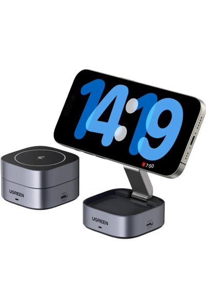 Ugreen MagFlow încărcător wireless 2-în-1 Qi2, 15W, Gri