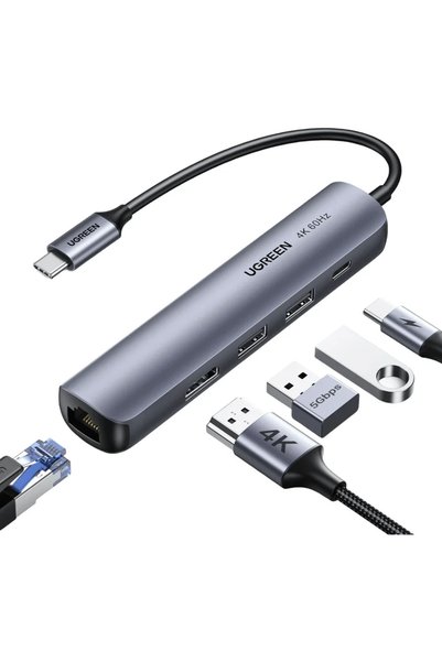 Ugreen Hub USB CM418 5-în-1 USB-C, HDMI 4K, Ethernet Gigabit, 2x USB 3.0, PD ...