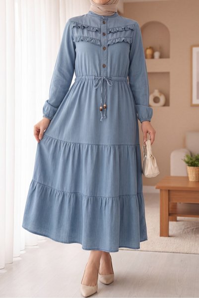 Modamorfo Rochie din denim cu jumătate de nasturi și volane în față - albastru