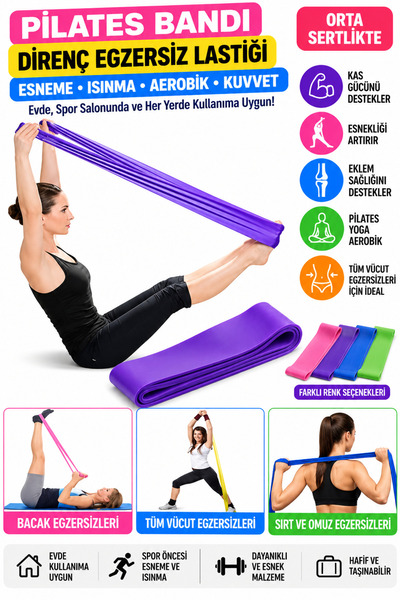 FırsatVar Pilates Bandı Direnç Aerobik Egzersiz Lastiği Orta Sertlikte Spor Ö...