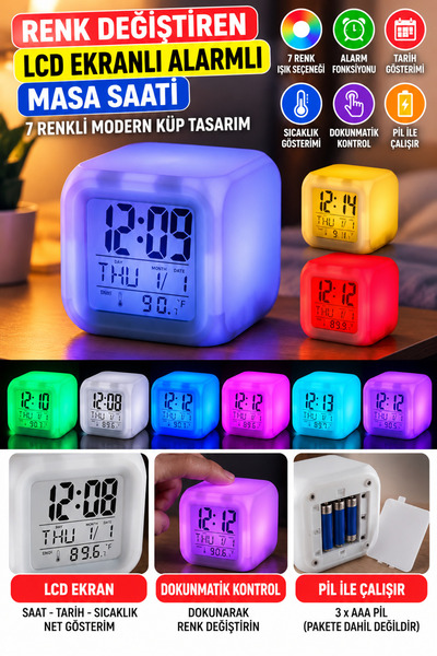 FırsatVar Dekoratif Renk Değiştiren LCD Ekranlı Alarmlı Masa Saati 7 Renkli M...