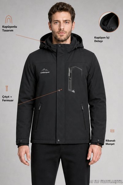 Freemen Ανδρικό μαύρο παλτό softshell εξωτερικού χώρου με γούνα στο εσωτερικό...