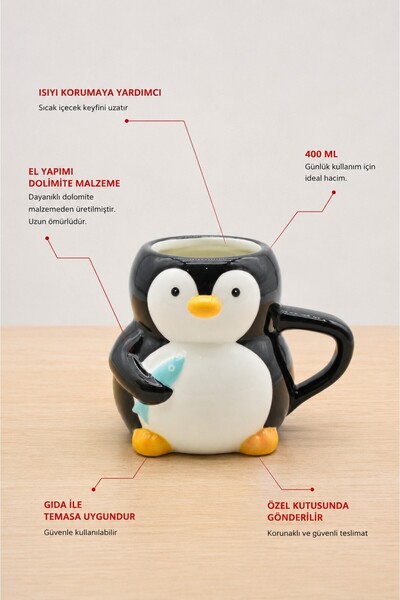 Rosie Penguen Figürlü El Yapımı Seramik Kupa, Mug, 420 ml