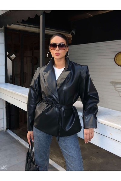 ESRAHELVACI Single Button Slim Belted Leather Jacket