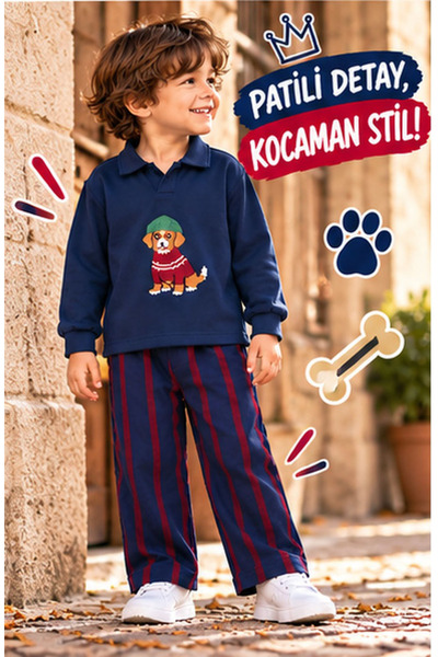 LUCCO Erkek Çocuk Lacivert Köpek Nakışlı Polo Yaka Sweatshirt ve Bordo Çizgil...