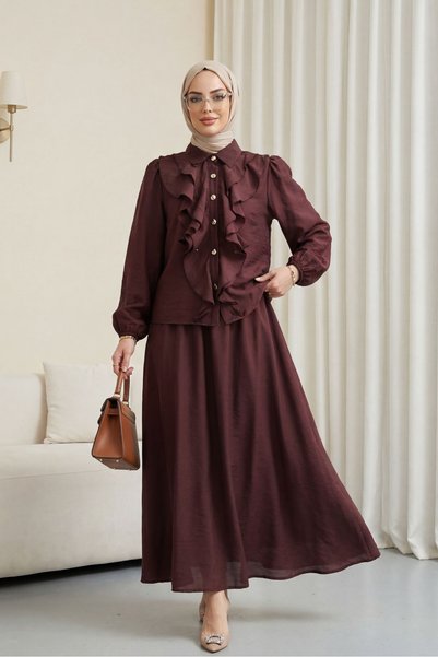HİJABAYA Ruffled Front, Elastic Sleeves, Lined Skirt, Long Sleeves, V-Neck, H...