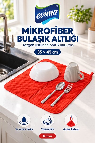 EVİMA Mikrofiber Bulaşık Altlığı 35x45 cm Kırmızı Su Emici Tezgah Üstü Kurula...