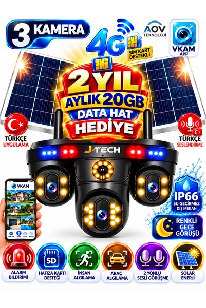 J-TECH SolarMAX 4K 2 YIL 20GB Data SIM — 4G Solar PTZ Sesli Akıllı 3 Kamera G...