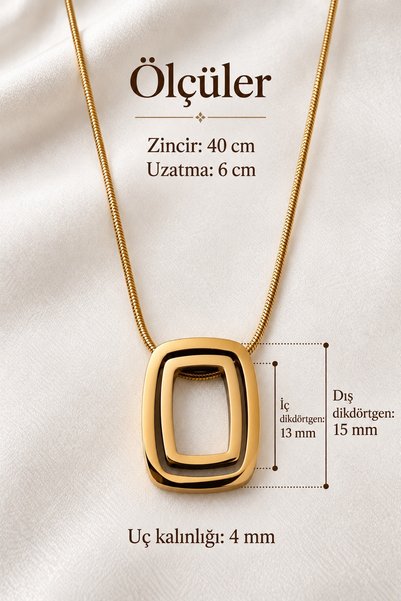 beus Kararmaz Kare Model Kolye 316L Paslanmaz Çelik Gold - Kadın