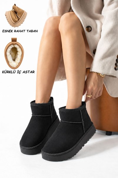 AlbiShoes Cizme de damă cu talpă groasă, cu aspect de piele întoarsă, cu căpt...
