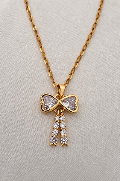 beus Zirkon Taşlı Damla Detaylı Fiyonk Kolye 316L Paslanmaz Çelik Gold 40+6 cm - Kadın