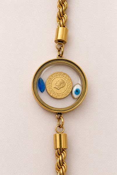beus Çeyrek Figürlü Nazar Boncuk Detaylı Bileklik 316L Paslanmaz Çelik Gold - Kadın