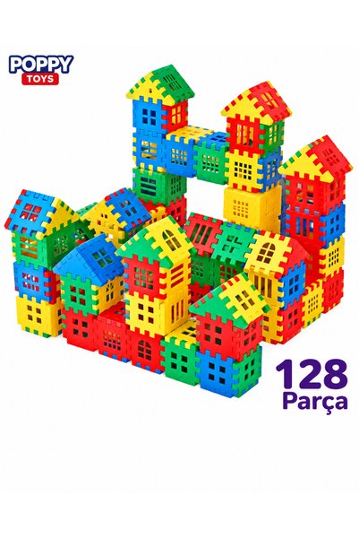 POPPYTOYS Puzzle City 3D Yapı Blokları - 128 Parça Eğitici Şehir Kurma ve Tas...