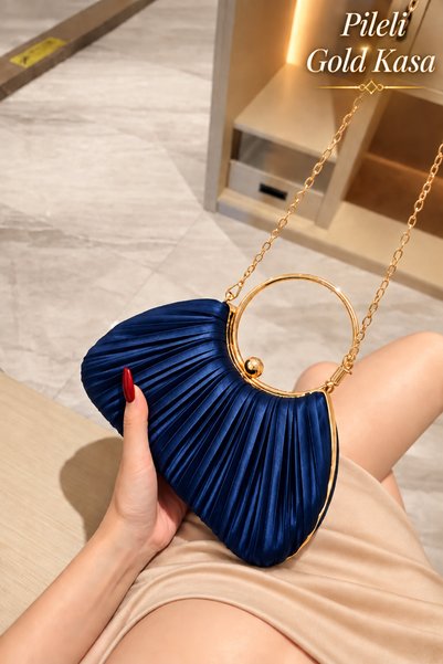 Famels Pilseli Navy Blue Satin New Model Pleated Evening Dress Bag Handbag/Ha...