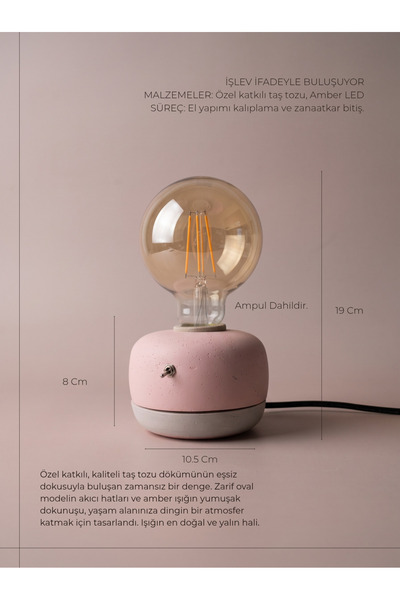 Glarus Atelier MONO Rustik Taş Tozu Masa Lambası G95 Led Filament Ampullü Aç ...