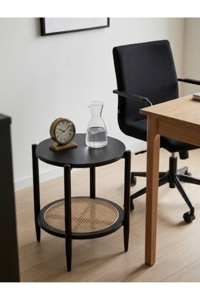 IN HOME STORE طاولة جانبية دائرية بتصميم شبكي خشبي وأرجل معدنية سوداء