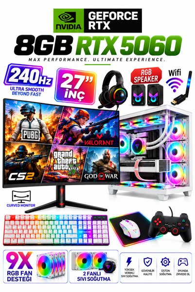 Dmc N307 Win11 Ryzen 7 5700,32GB RAM,1TB SSD,RTX5060 8GB 27" 240hz Curved Sıv...