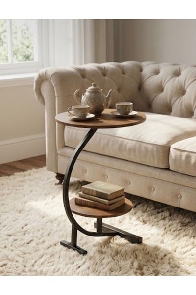 IN HOME STORE طاولة جانبية بتصميم حرف C مع رف إضافي خشب ومعدن بني