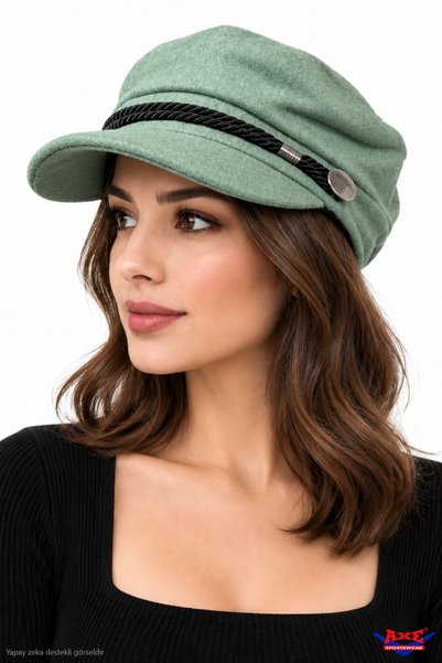 AXE SPORTSWEAR Ada Tea Green Cashmere Captain's Cap Hat with Rope Detail Styl...